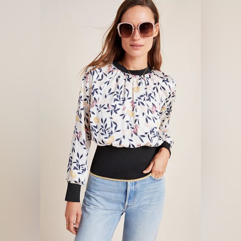 ANTHROPOLOGIE AMADI SATIN JANAE FLORAL BLOUSE SIZE SMALL LIKE NEW